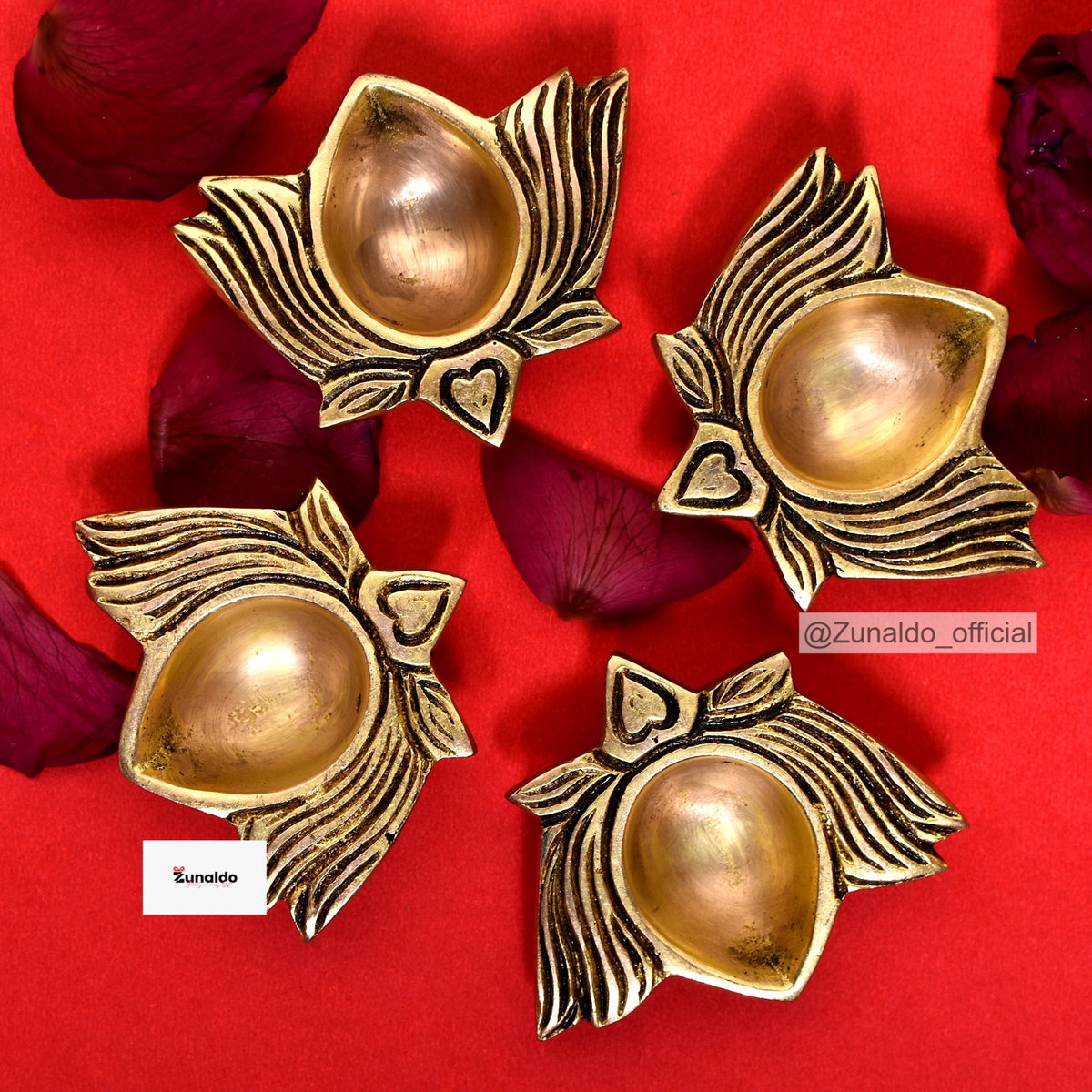 Heart Design Brass Diya Set – Pack of 4 | Handcrafted Traditional Oil Lamps