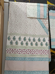 Elegant Floral Printed Bedsheet Set with Teal Border – Soft Cotton Double Bed Bedding