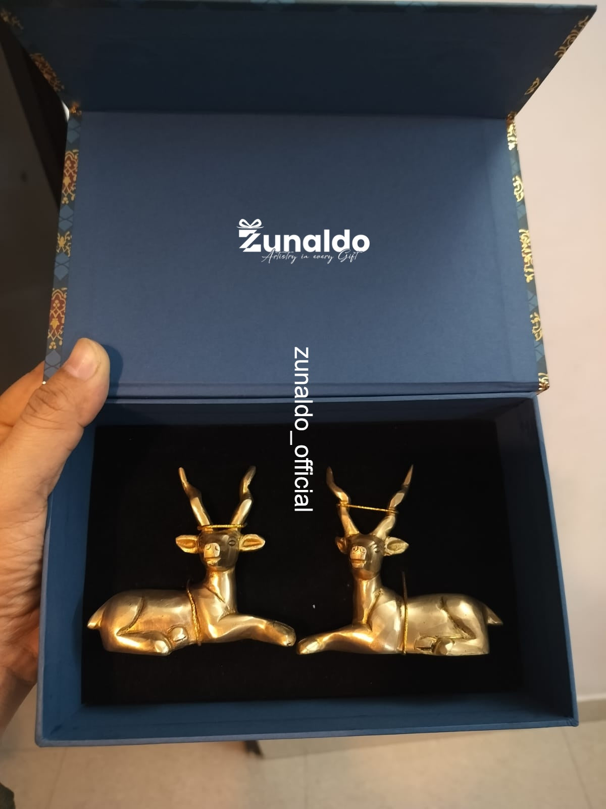 Brass Deer Pair with Big Horns in Gift Box - 3.5 X 3.5 Inch