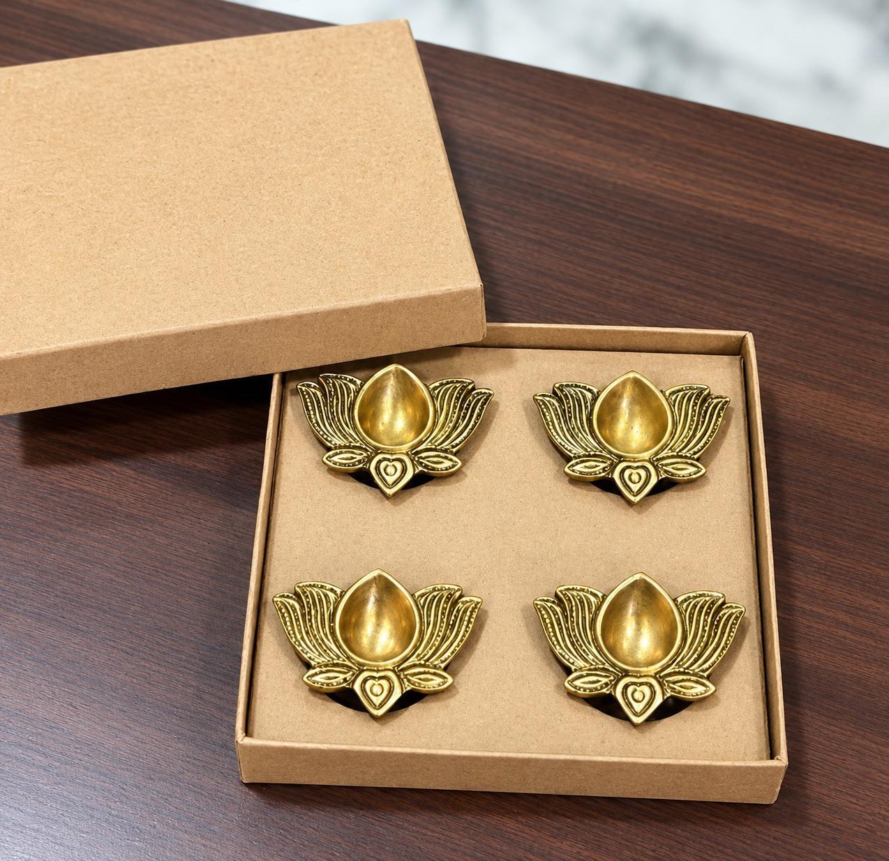 Lotus Brass Diya Set – Pack of 4 | Handcrafted Traditional Oil Lamps