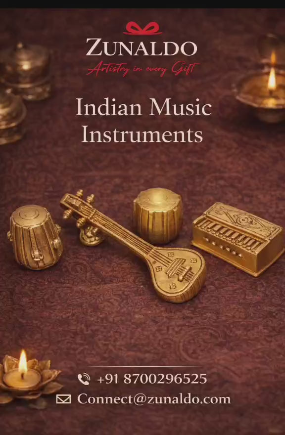 BRASS MUSICAL INSTRUMENTS Tabla–Dugi–Sitar and Harmonium Decor Set with Gift Box