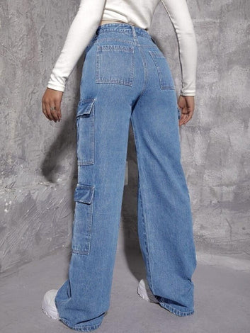 Women's Solid High Waist Cargo Denim Jeans