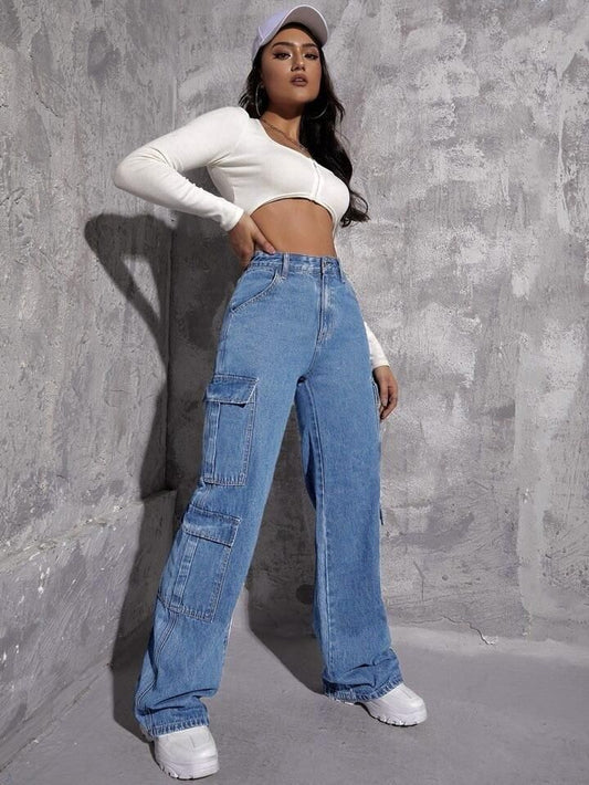 Women's Solid High Waist Cargo Denim Jeans