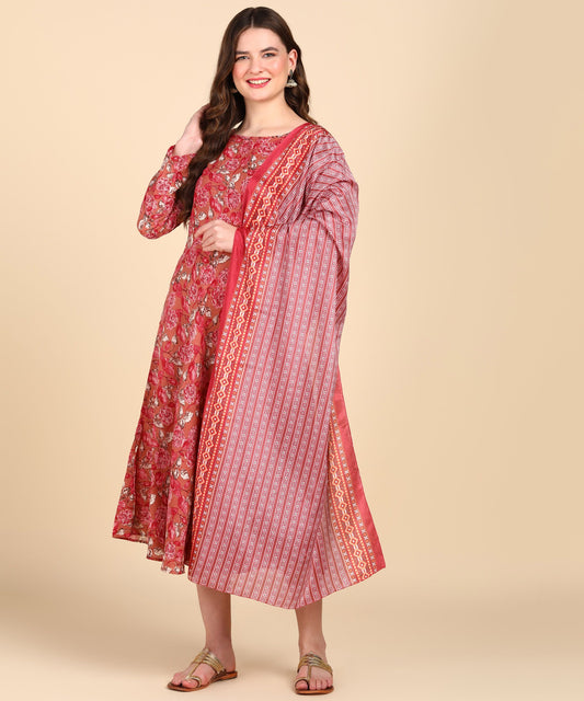 Women's Anarkali Cotton Printed Kurti With Dupatta Set