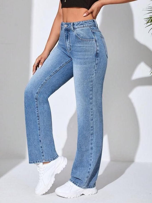 Women's Solid High Waist Wide Leg Denim Jeans