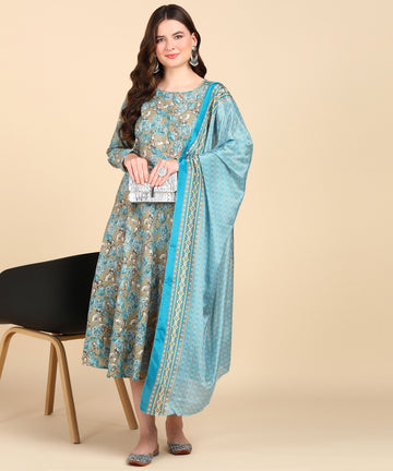 Women's Anarkali Cotton Printed Kurti With Dupatta Set