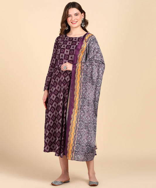 Women's Anarkali Cotton Printed Kurti With Dupatta Set