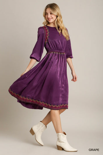 Satin Round Neck Embroidery Midi Dress